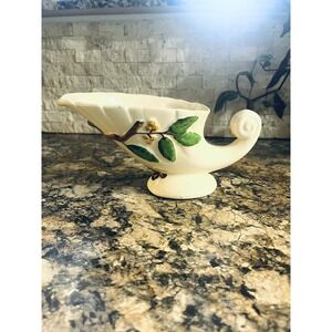 Vintage USA Ceramic Painted Gravy‎ Boat Leaves and Berries Pottery Gravy Boat